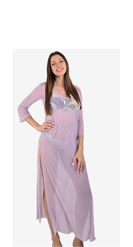 Abito Lungo Tulle Trasparente Lilla con Spacco