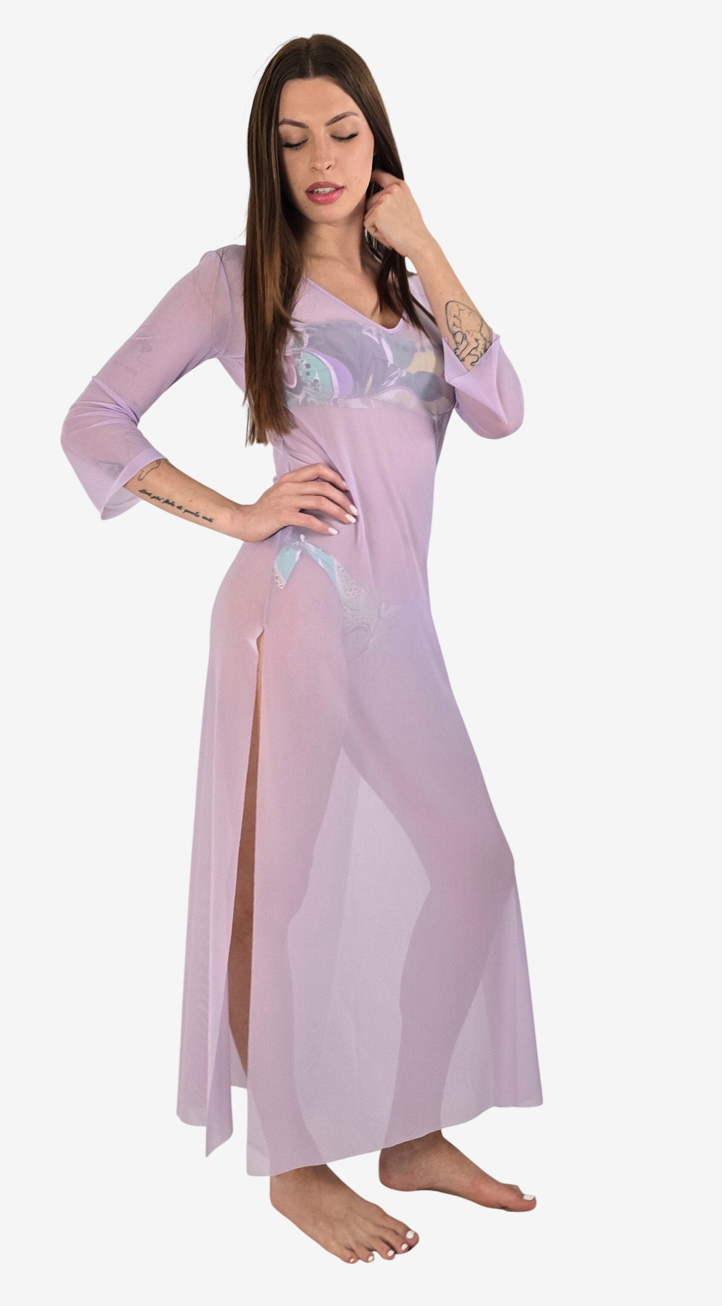 Abito Lungo Tulle Trasparente Lilla con Spacco