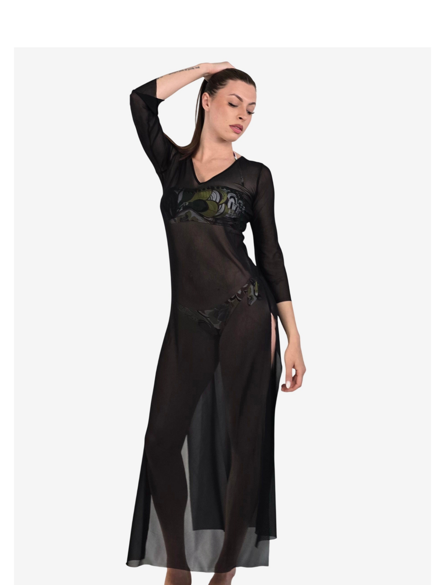 Abito Lungo Tulle Trasparente Nero con Spacco