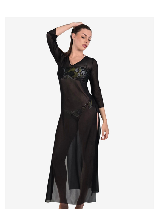 Abito Lungo Tulle Trasparente Nero con Spacco