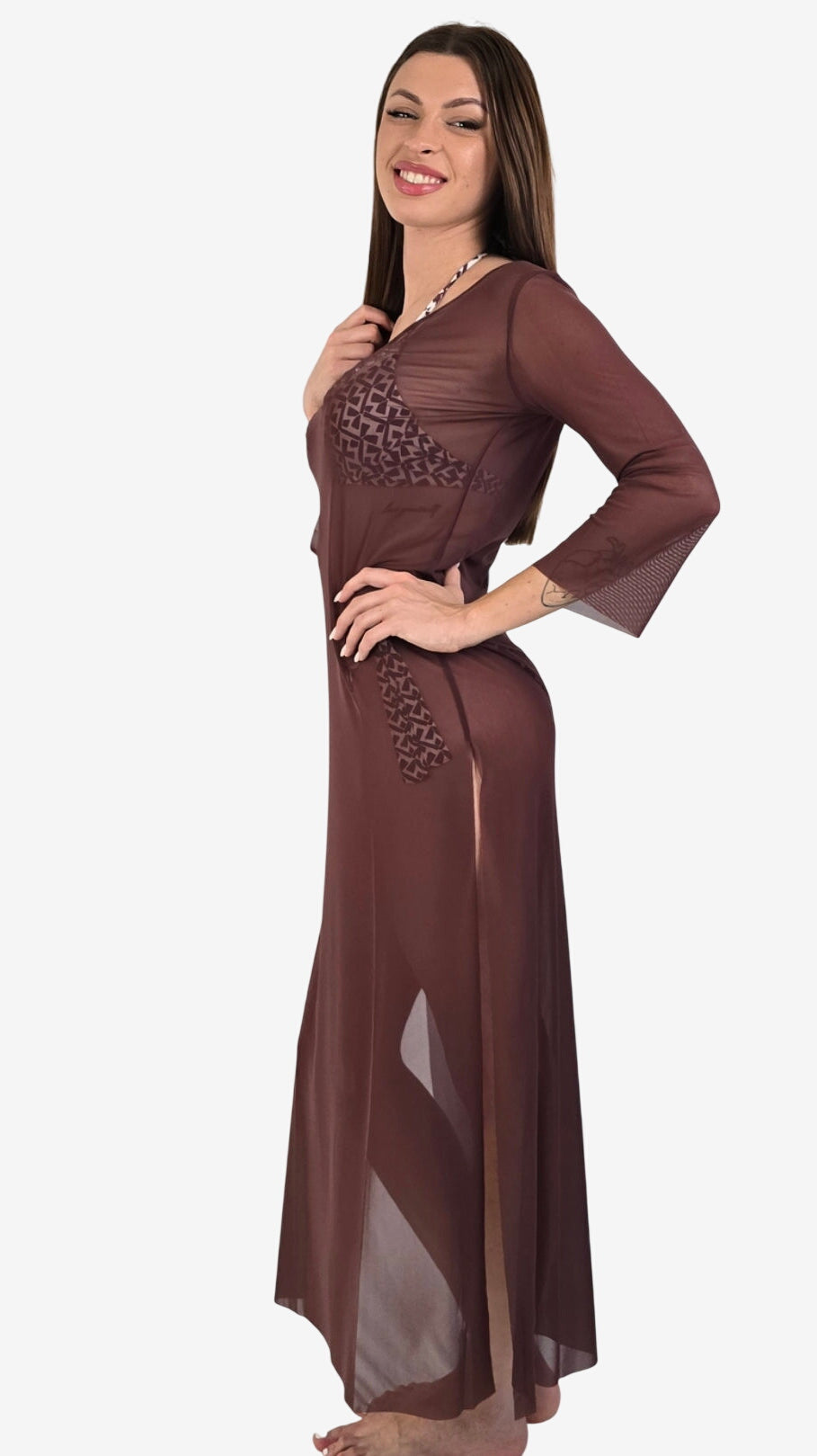Abito Lungo Tulle Trasparente Moro con Spacco