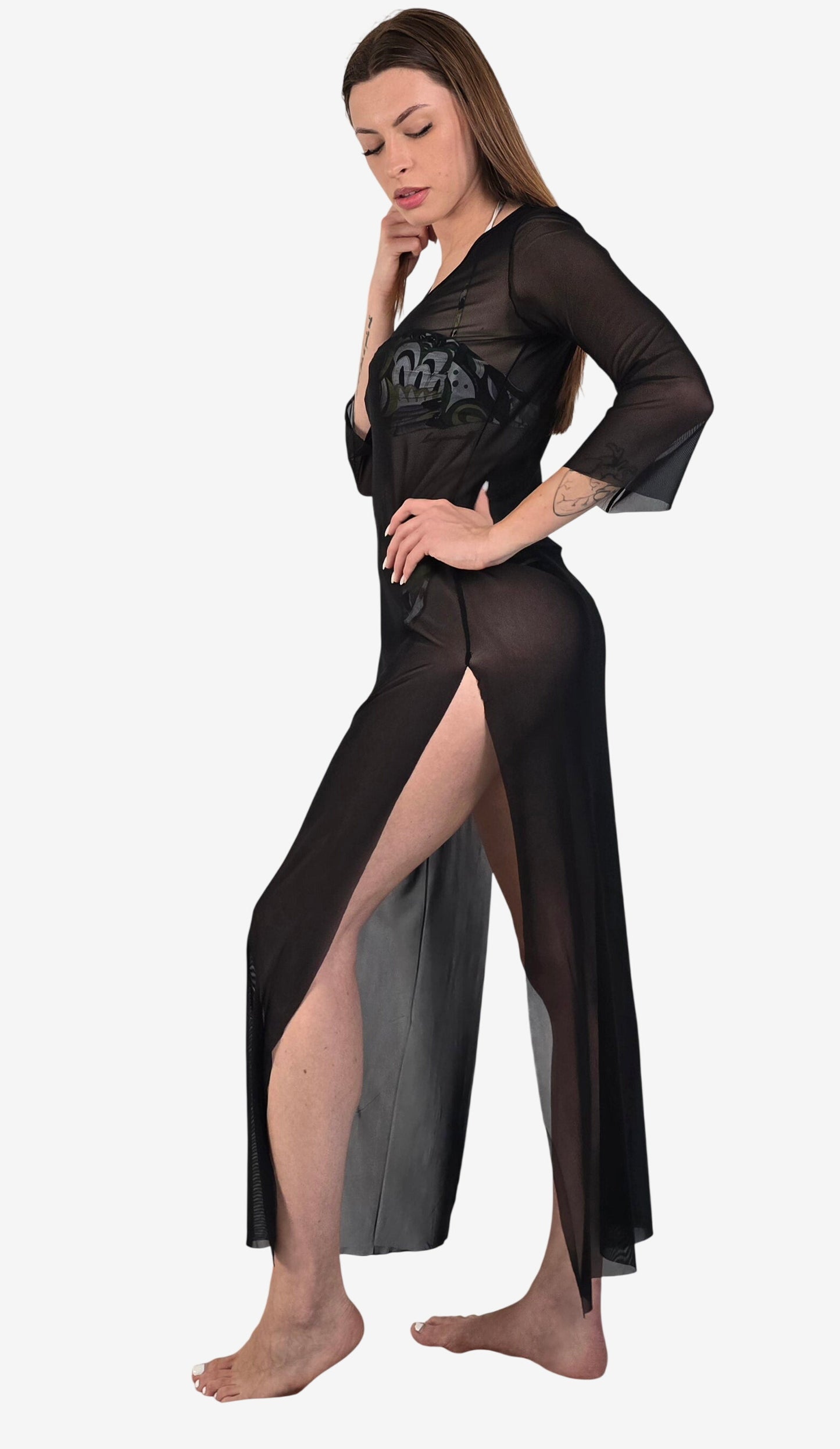 Abito Lungo Tulle Trasparente Nero con Spacco