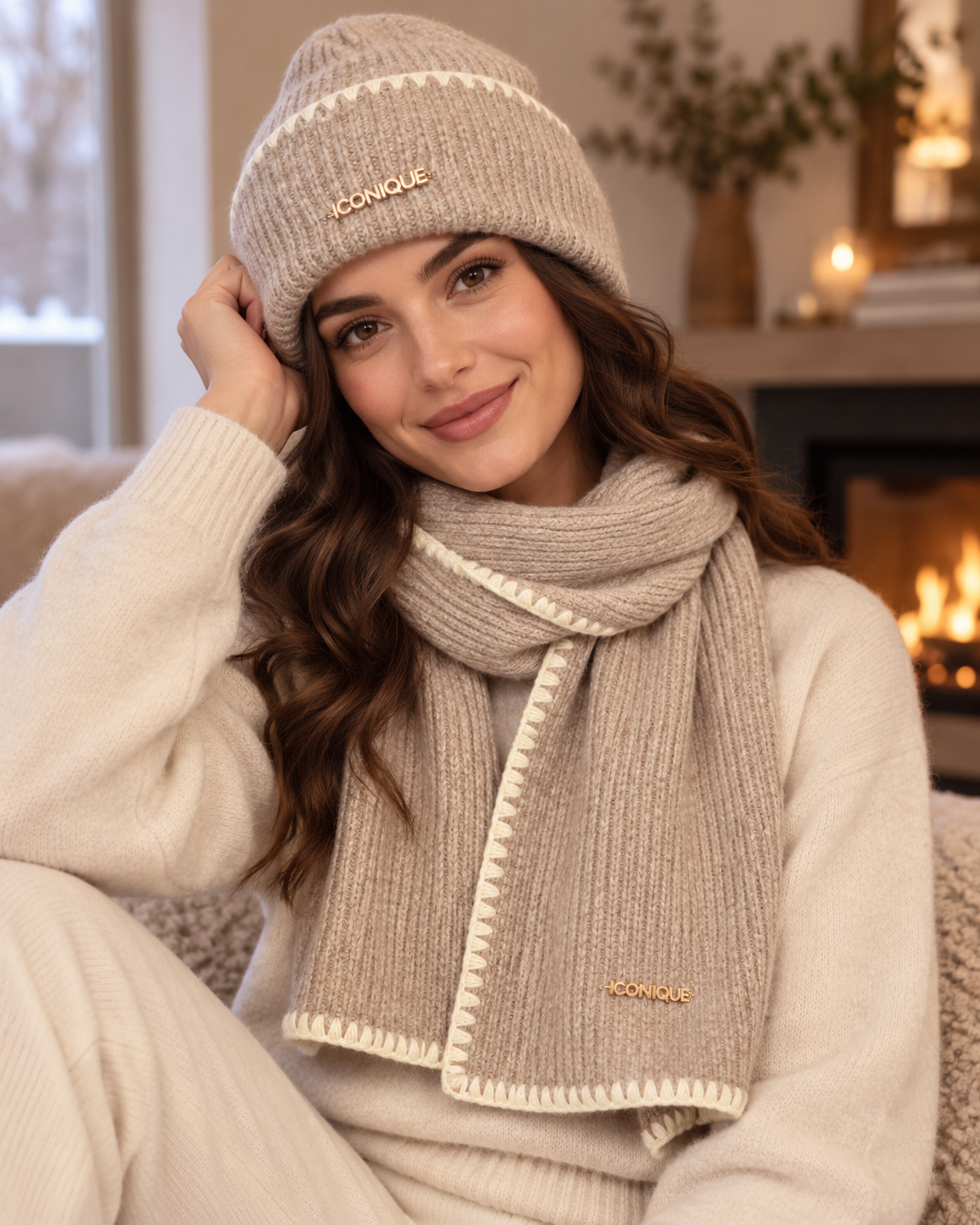 Set Cuffia e Sciarpa Beige Iconique