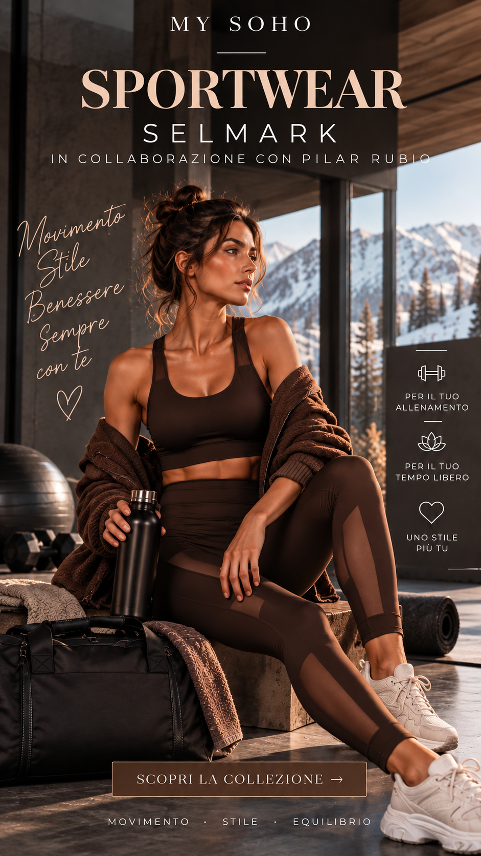 Collezione sportwear Selmark in collaborazione con Pilar Rubio su My Soho, modella con top e leggings sportivi marroni.