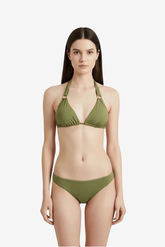 Bikini a triangolo da donna color verde militare con dettagli ad anello sulle spalline.