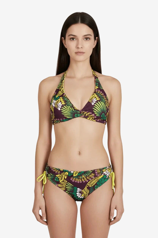 Bikini triangolare con stampa tropicale nei toni del giallo, verde e viola.