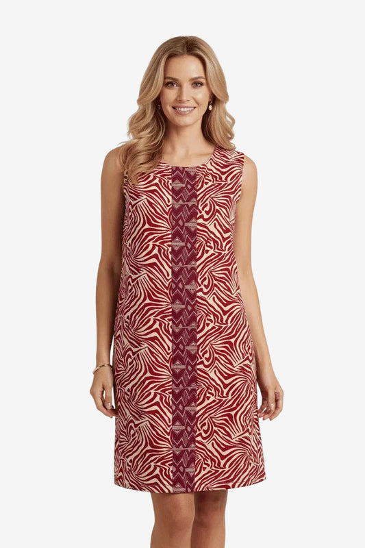 Abito corto Bikini Mi.Ma senza maniche con stampa zebrata bordeaux e beige e fascia centrale.